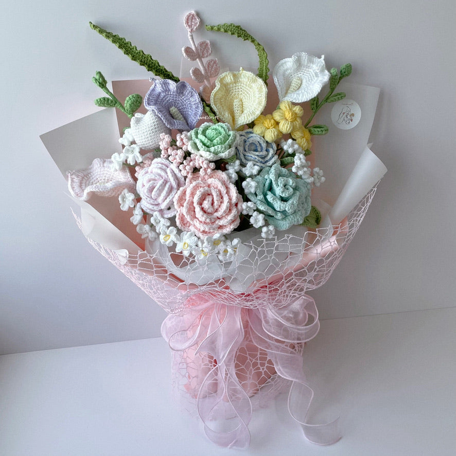 singapore handicroft special roses handmade crochet flower bouquet in pastel theme sugar blossom