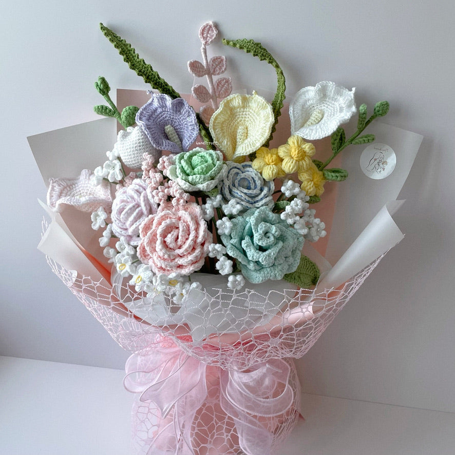 singapore handicroft special roses handmade crochet flower bouquet in pastel theme sugar blossom