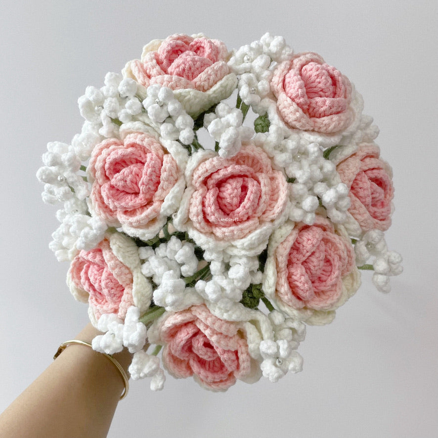 singapore handmade crochet handicroft special roses flower bouquet bloomin' love ombre pink and white