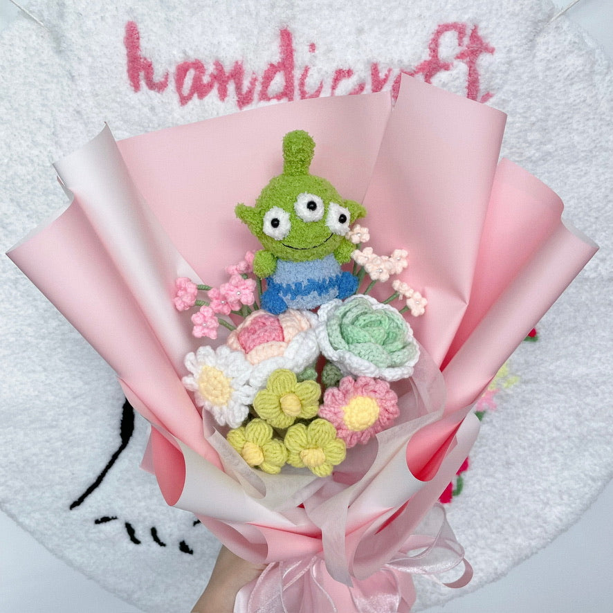 alien adventures - pink & green crochet flower bouquet 👽⋆｡°✩