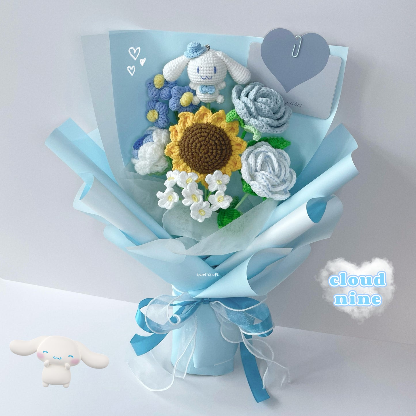 cinnamoroll cloud nine - crochet flower bouquet ໒꒰ྀིᵔ ᵕ ᵔ ꒱ྀི১🩵