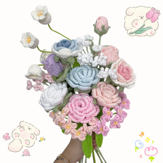 sweet spring - handicroft special roses crochet flower bouquet .⋆｡🌸࿔˚⋅