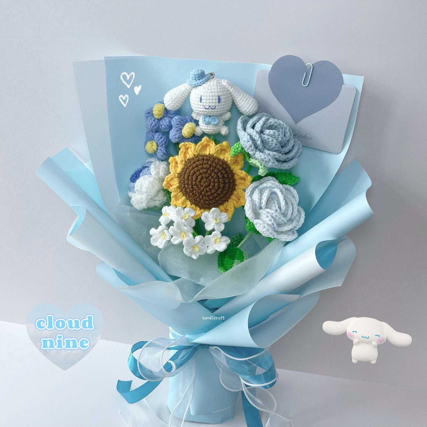 cinnamoroll cloud nine - crochet flower bouquet ໒꒰ྀིᵔ ᵕ ᵔ ꒱ྀི১🩵