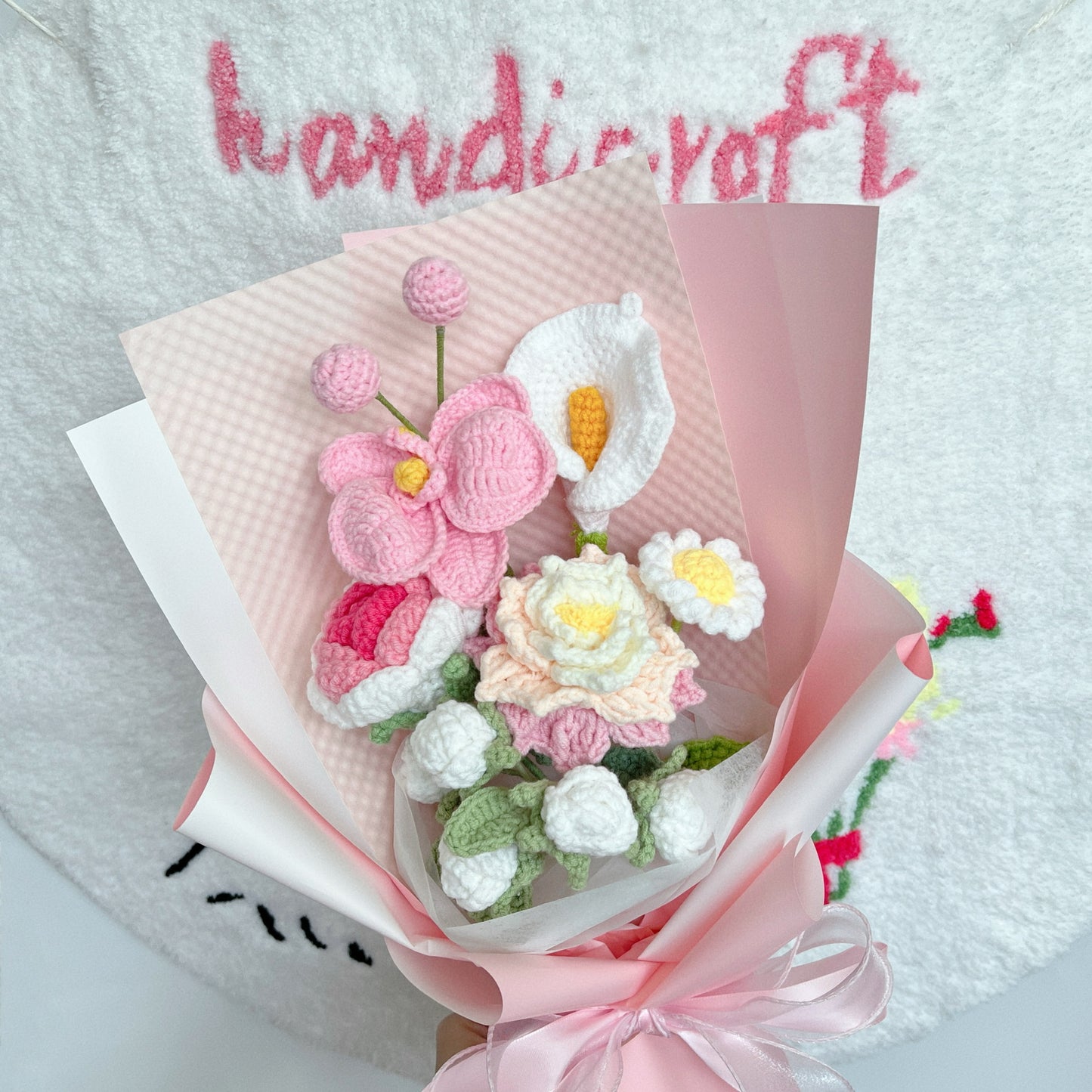 soft blush - pink crochet flower bouquet 🎀𓂃 ࣪˖