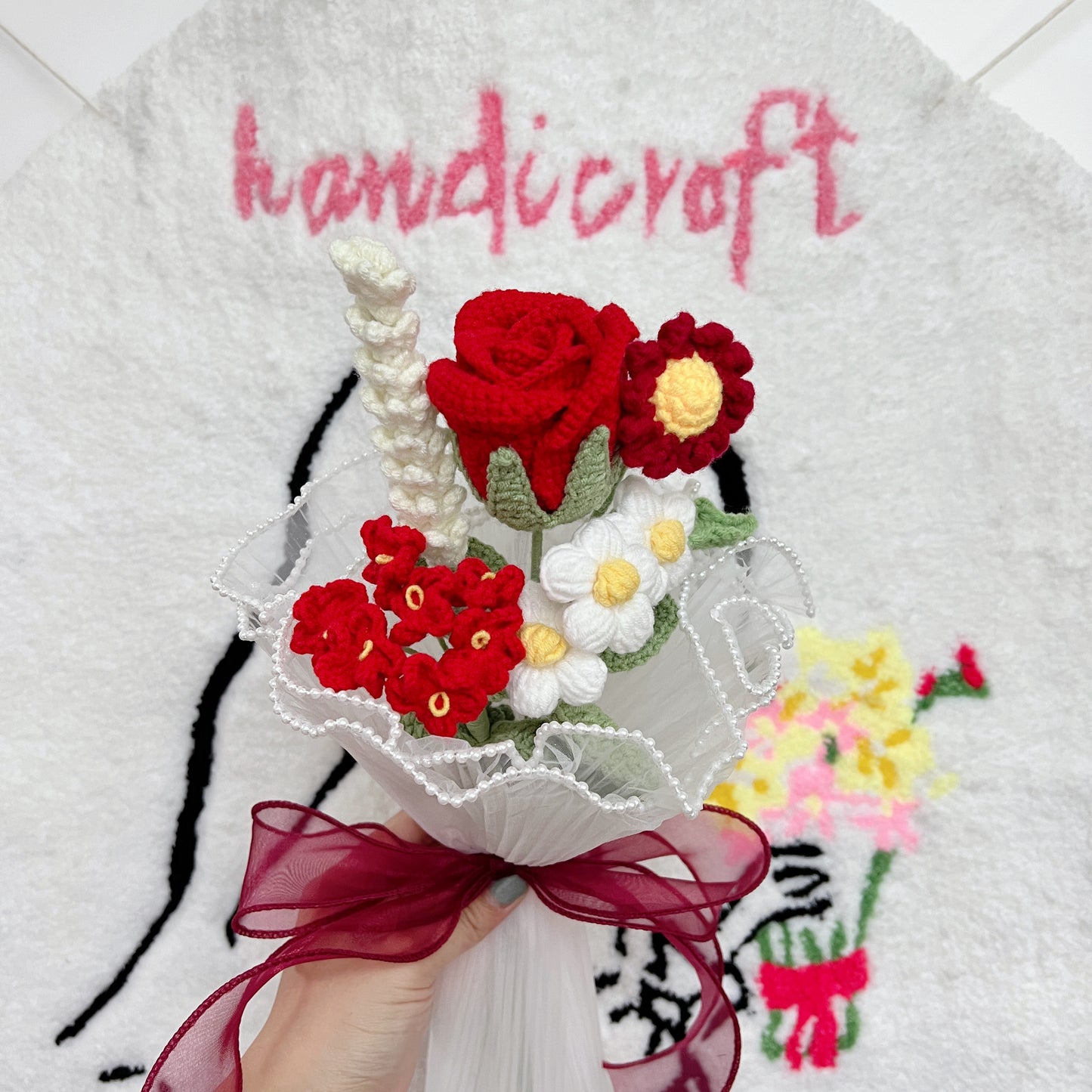 cherry red - red & white crochet flower bouquet ₊♡₊˚ 🍒🌹・₊✧
