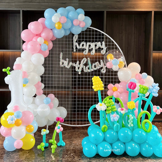 [FREE DELIVERY] pastel colourful - white, pink, blue & green flower balloon decoration set