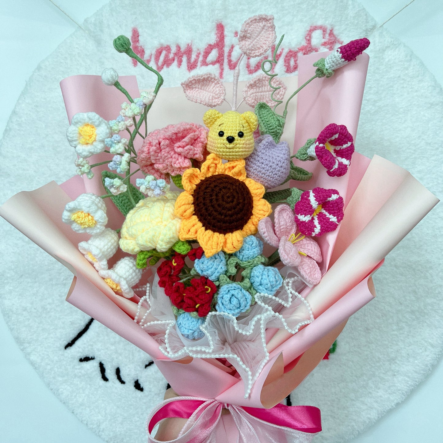 pooh's playful palette - winnie the pooh crochet flower bouquet ʕ •́؈•̀)🍯