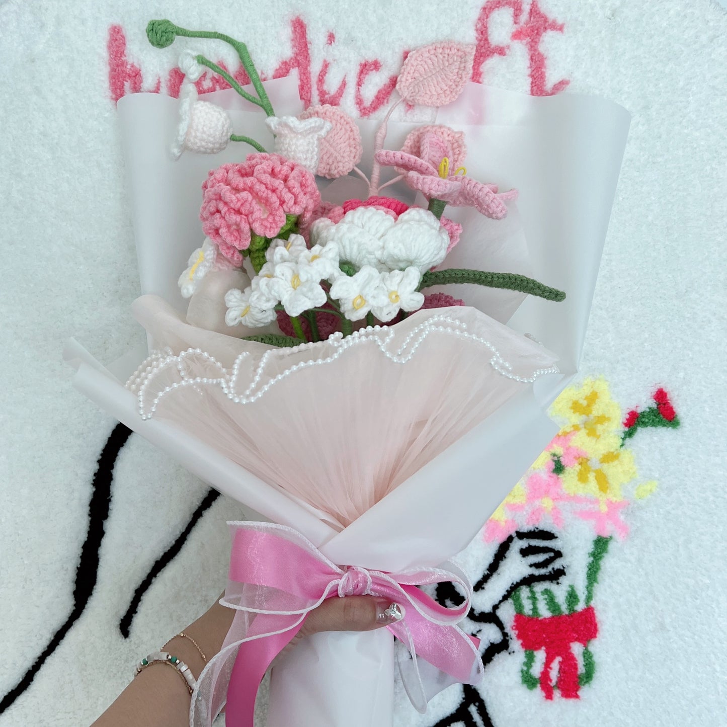 thankful for you - pink & white crochet flower bouquet🌷
