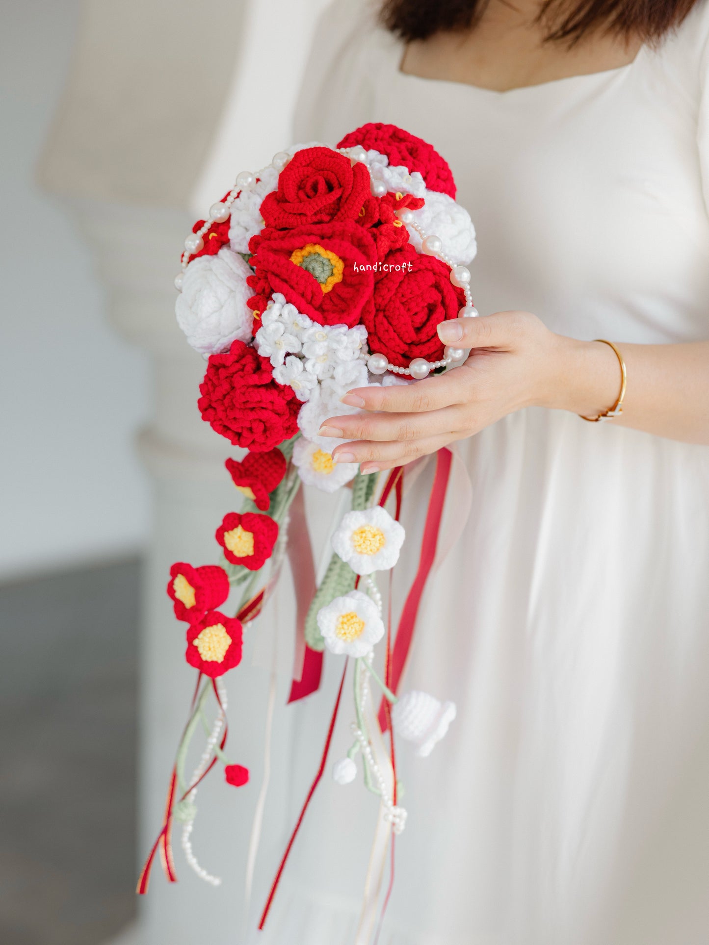 red bridal cascading bouquet - crochet flower bouquet