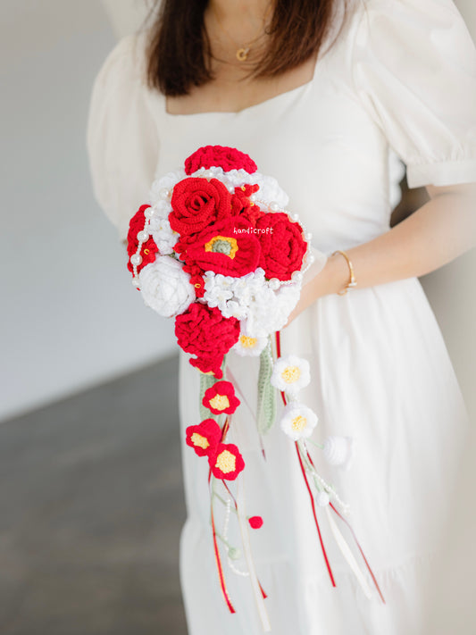 red bridal cascading bouquet - crochet flower bouquet