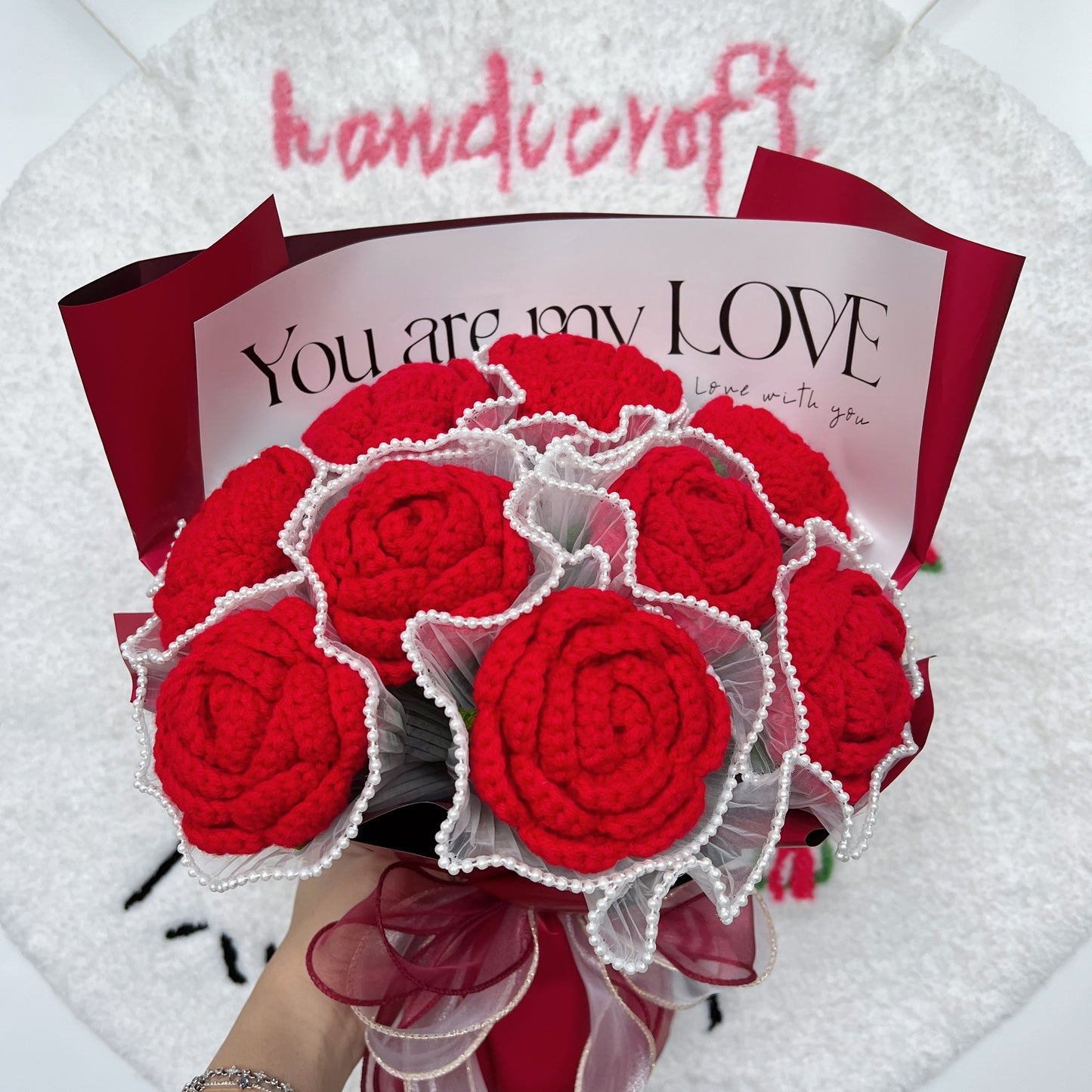 cherry love - 9 red roses crochet flower bouquet ₊♡₊˚ 🍒🌹・₊✧