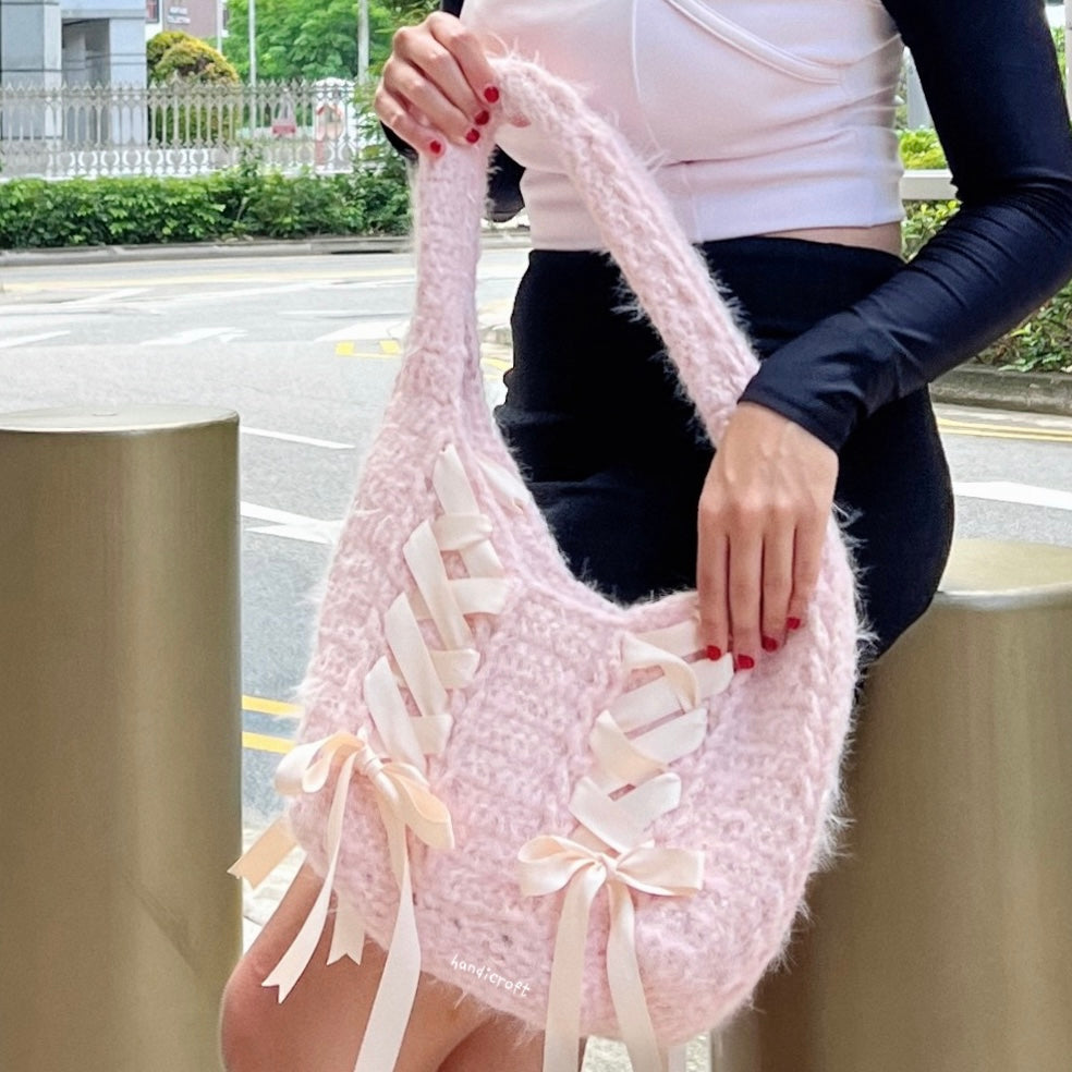 crochet cinta ribbon bow bag - pink ⋆౨ৎ˚⟡˖ ࣪