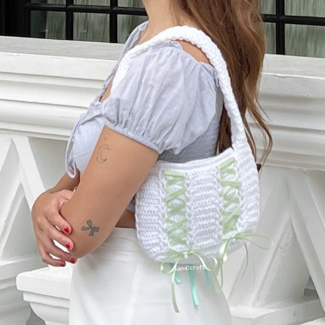 crochet cinta ribbon bow shoulder bag - pearl white double side blue & green ⋆౨ৎ˚⟡˖ ࣪
