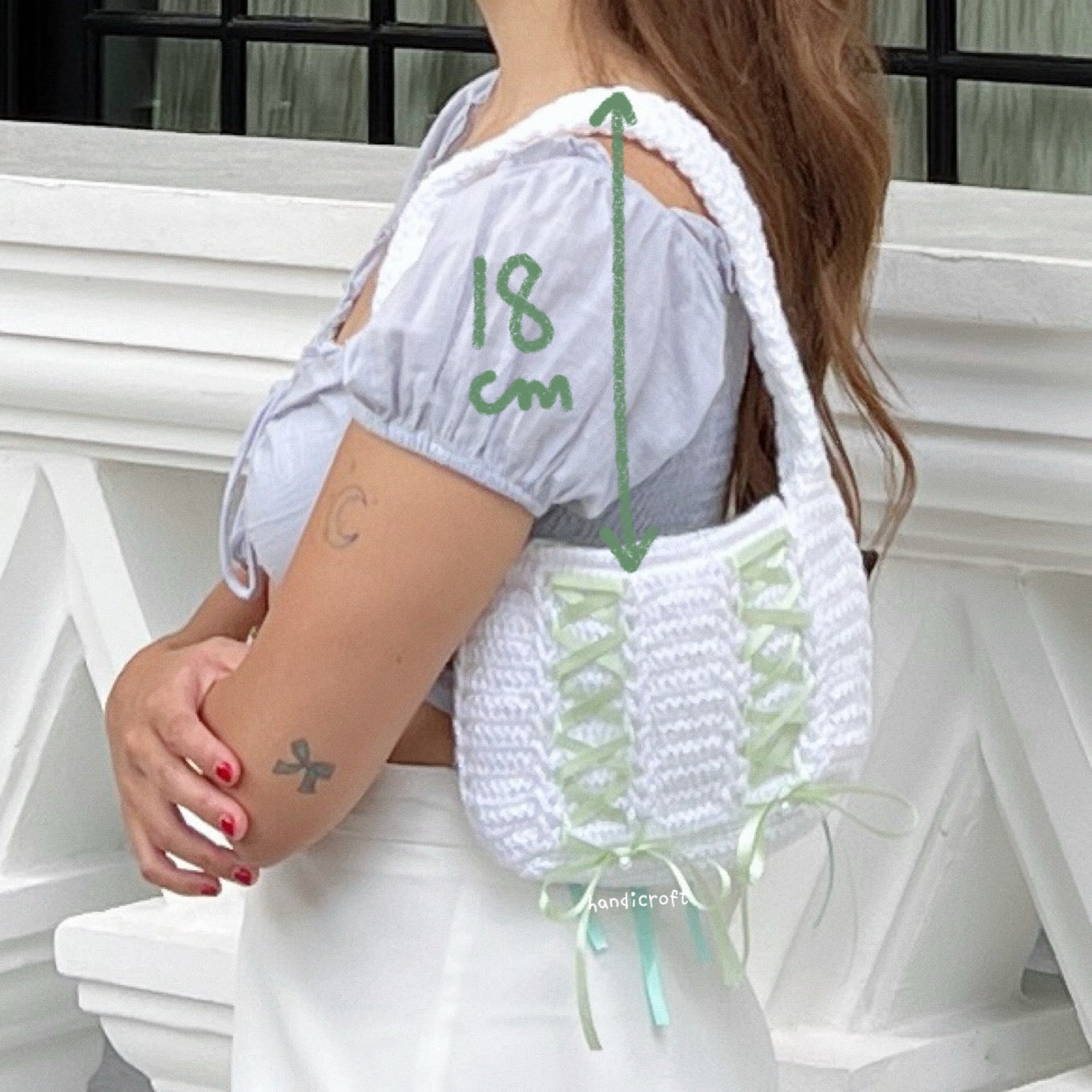 crochet cinta ribbon bow shoulder bag - pearl white double side blue & green ⋆౨ৎ˚⟡˖ ࣪