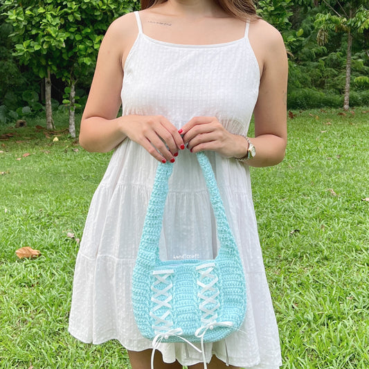 crochet cinta ribbon bow shoulder bag - turquoise double side white & grey ⋆౨ৎ˚⟡˖ ࣪