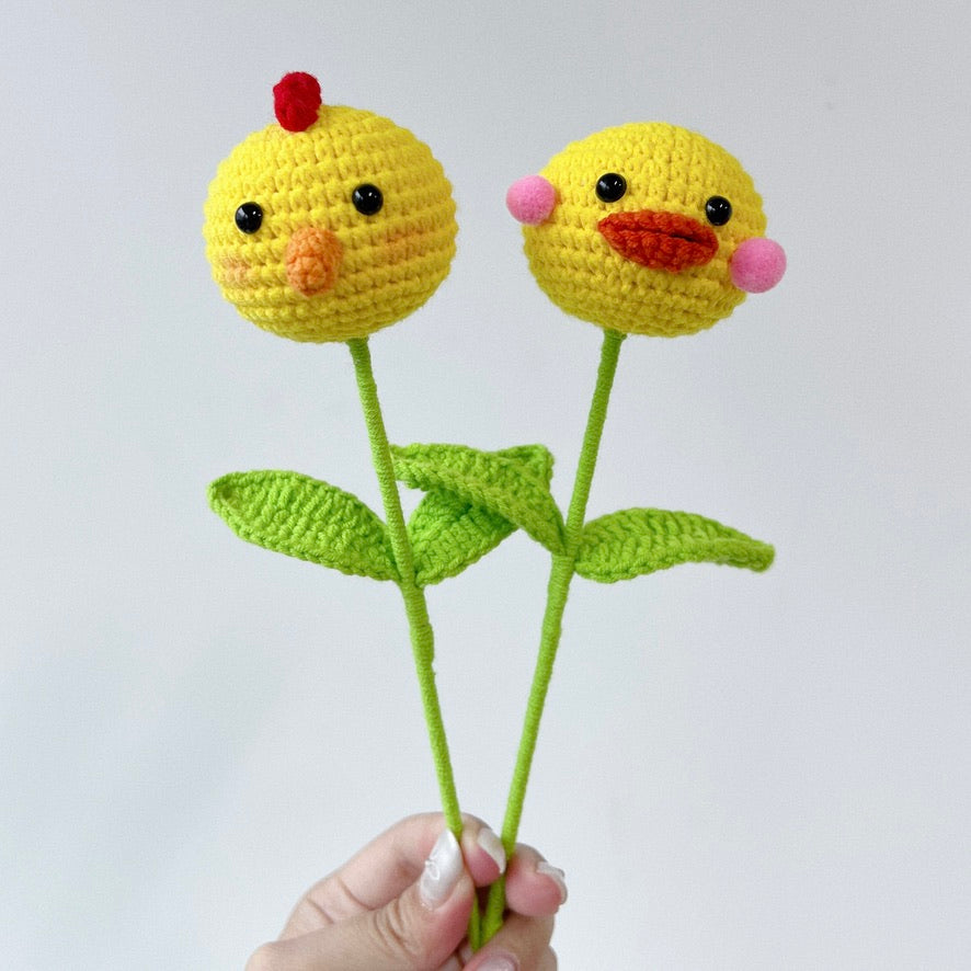 crochet cartoon character animal single stalk flower chick and duck