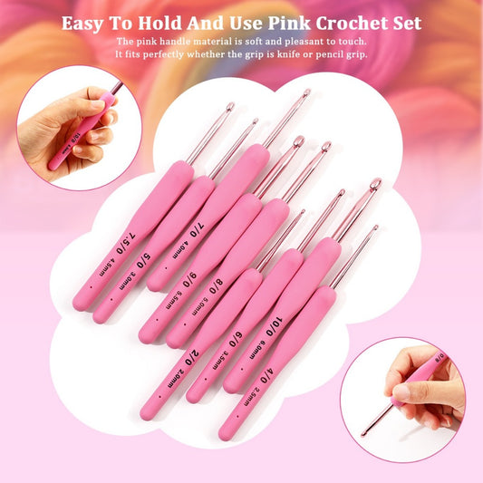 crochet hook set 9pcs 2.0mm–6.0mm pink no case
