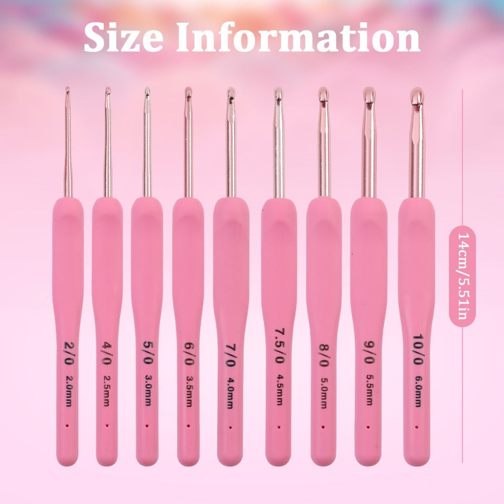 crochet hook set 9pcs 2.0mm–6.0mm pink no case