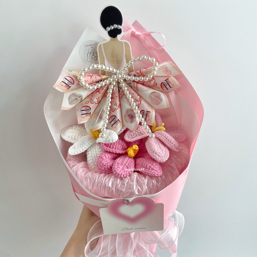 handicroft cash money crochet flower bouquet for every occasion dressed to bloom pink