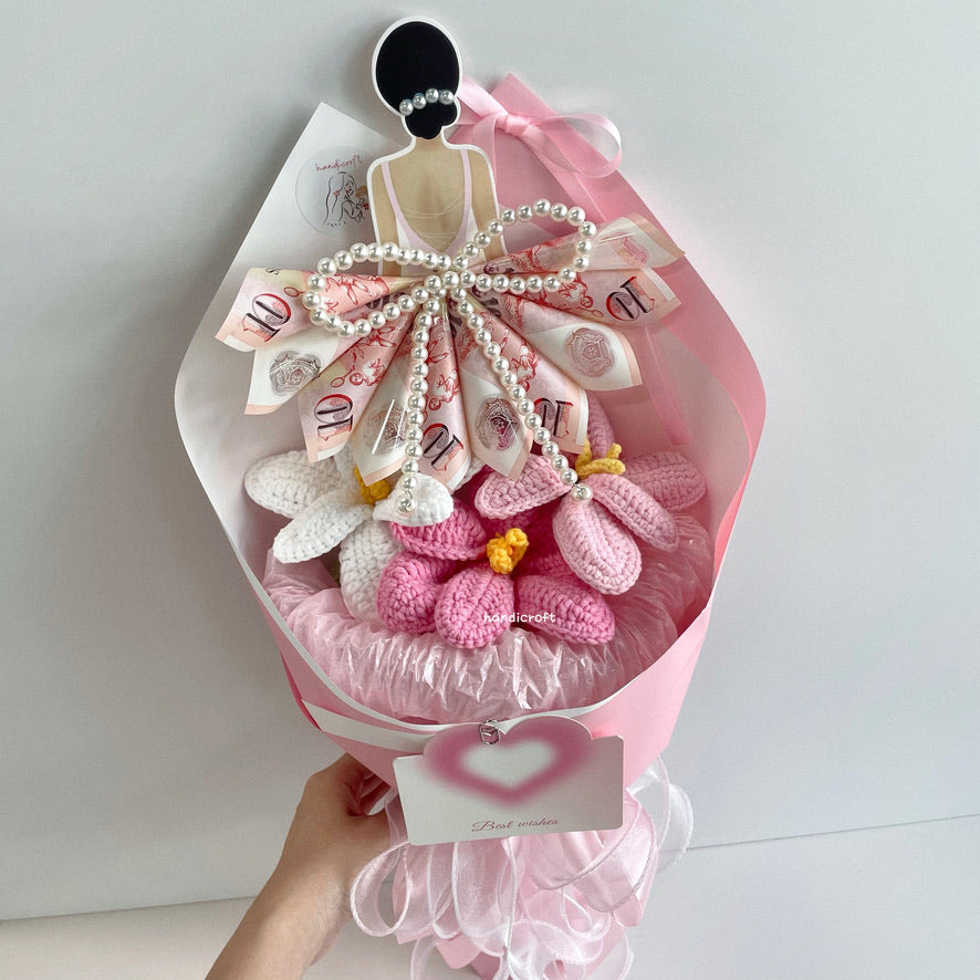 handicroft cash money crochet flower bouquet for every occasion dressed to bloom pink