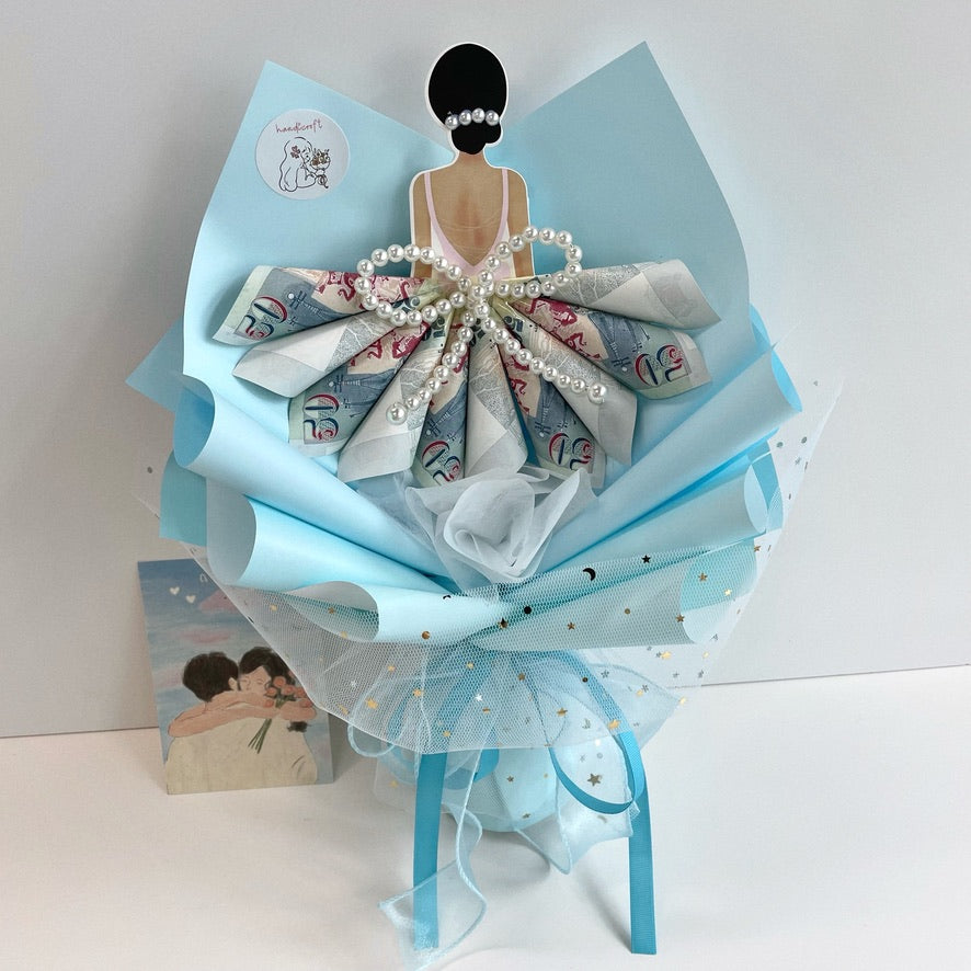 handicroft cash money flower bouquet for every occasion dressed to impress $50 notes blue