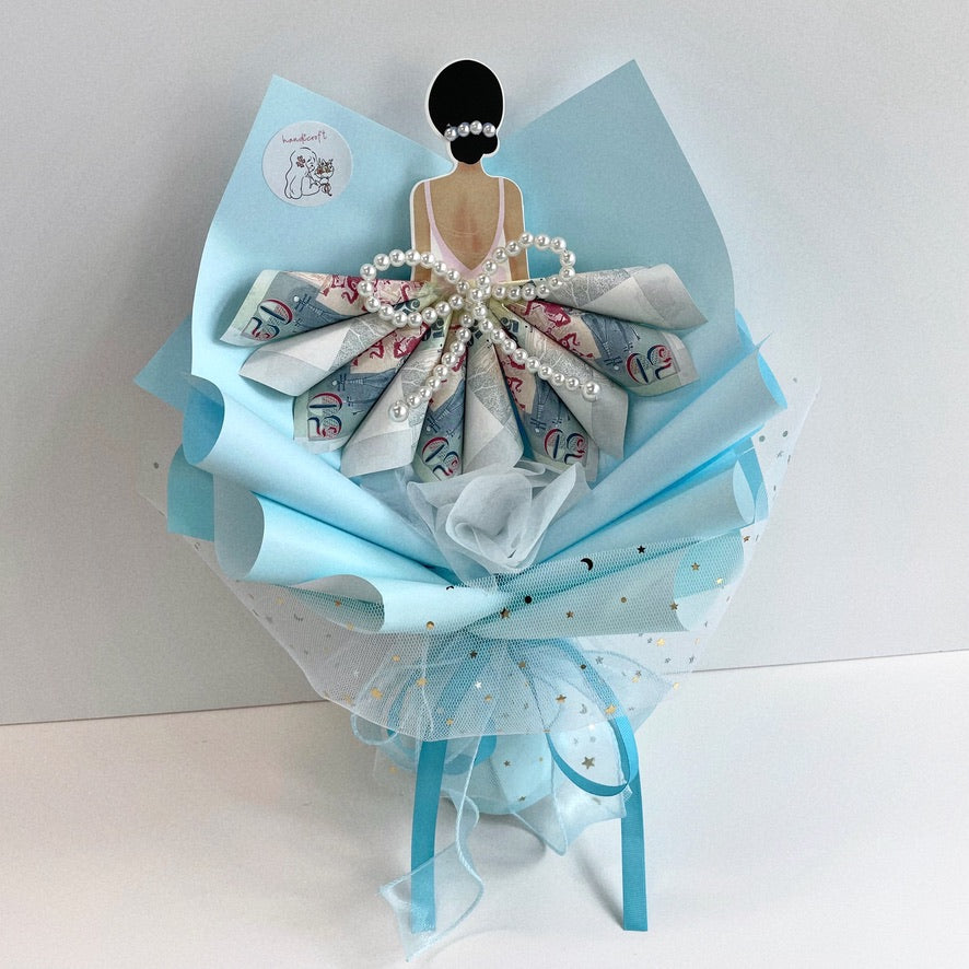 handicroft cash money flower bouquet for every occasion dressed to impress $50 notes blue