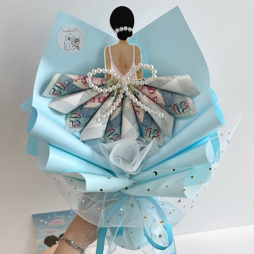 handicroft cash money flower bouquet for every occasion dressed to impress $50 notes blue