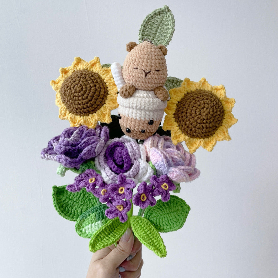 handicroft crochet flower bouquet capybara's sunshine & sips purple arrangement