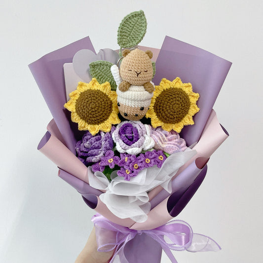 handicroft crochet flower bouquet capybara's sunshine & sips purple wrapped