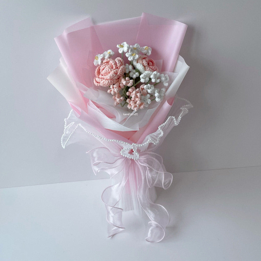 handicroft crochet flower bouquet pastel pink and white cotton candy love