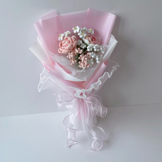 handicroft crochet flower bouquet pastel pink and white cotton candy love
