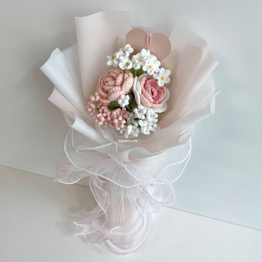 handicroft crochet flower bouquet pastel pink and white cotton candy love