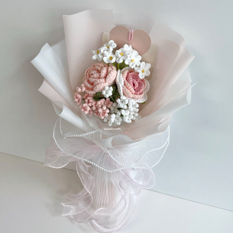 handicroft crochet flower bouquet pastel pink and white cotton candy love