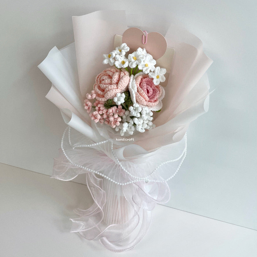 handicroft crochet flower bouquet pastel pink and white cotton candy love