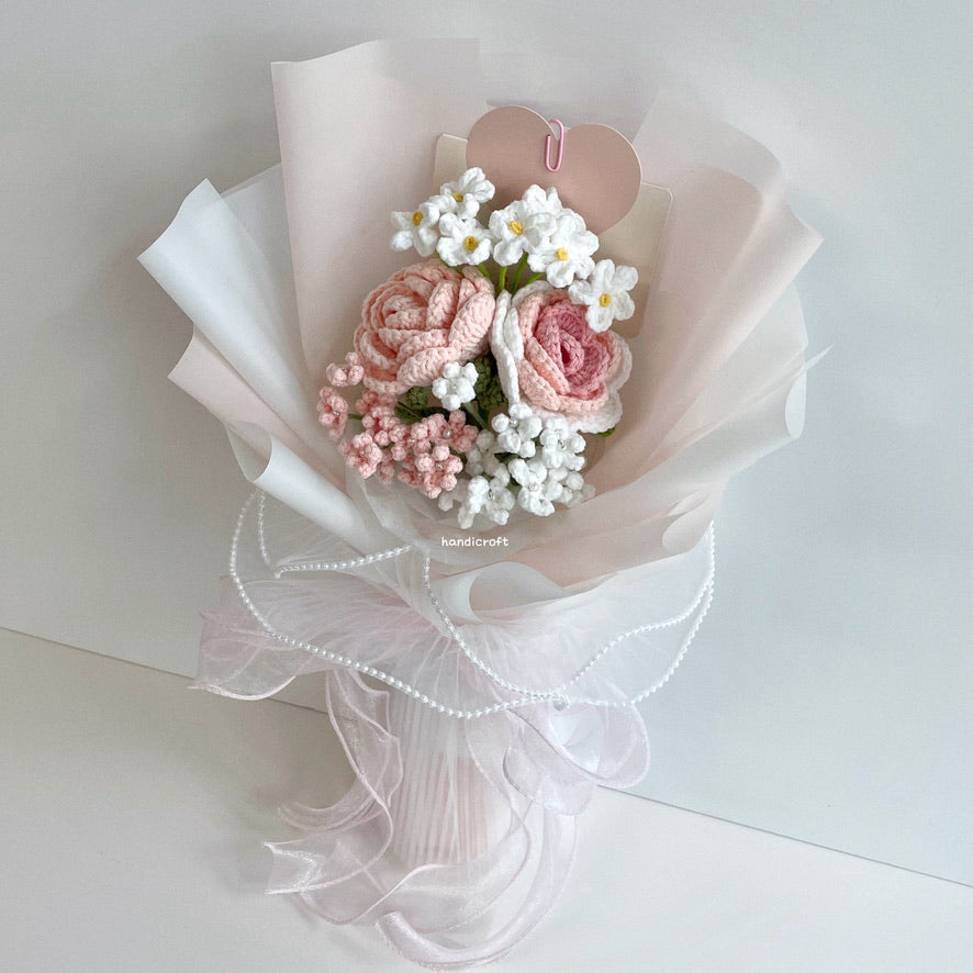 handicroft crochet flower bouquet pastel pink and white cotton candy love