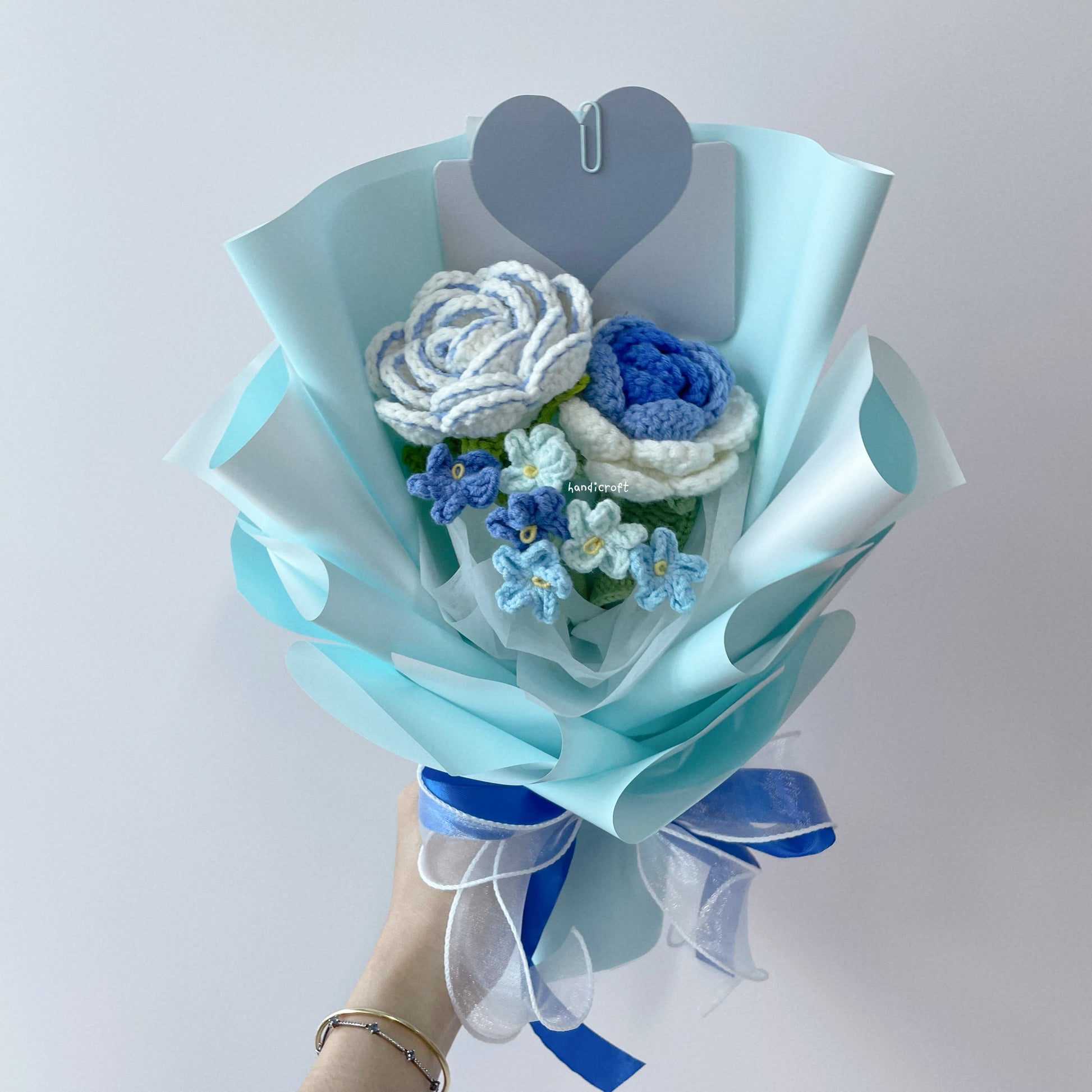 handicroft crochet flower bouquet trio of joy in blue