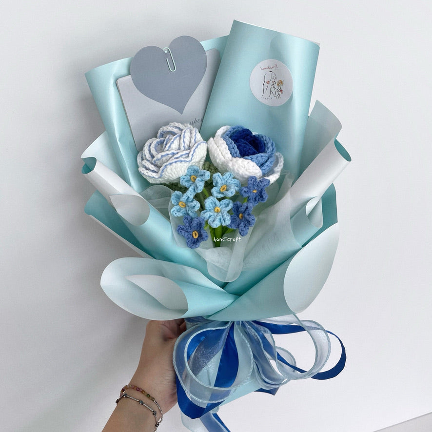 handicroft crochet flower bouquet trio of joy in blue