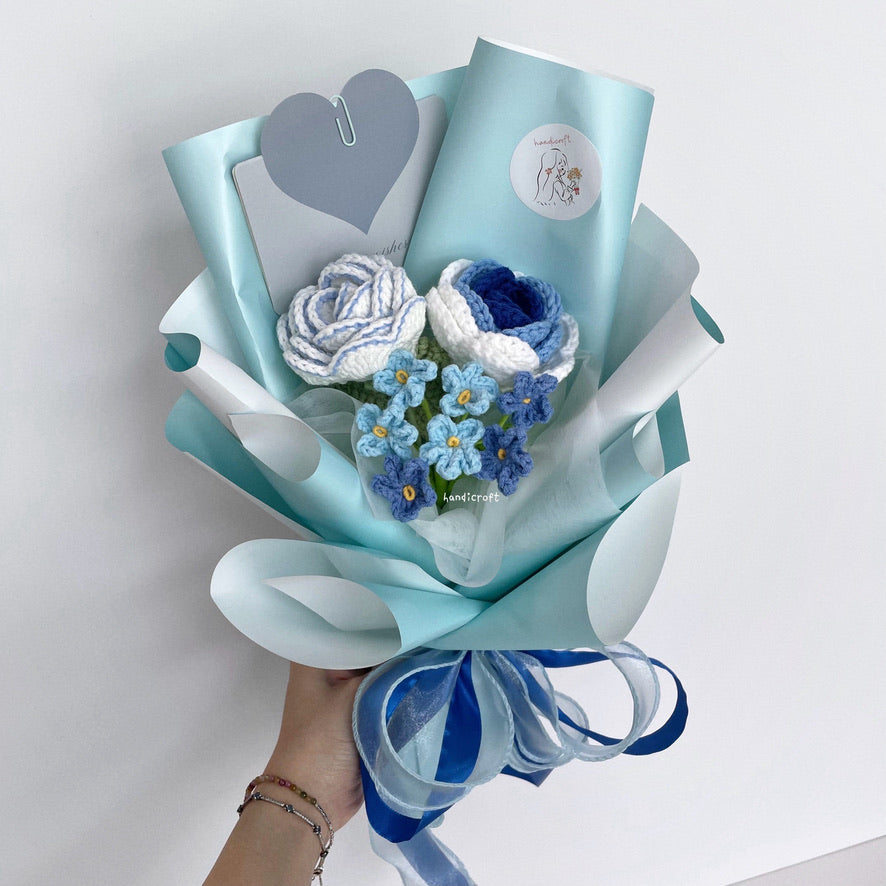 handicroft crochet flower bouquet trio of joy in blue