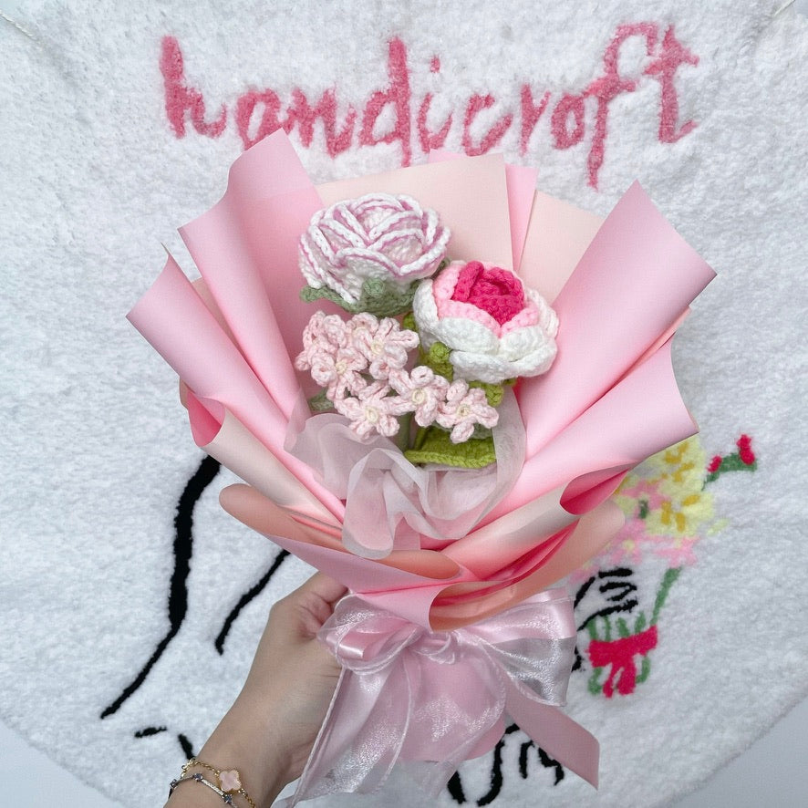 handicroft crochet flower bouquet trio of joy in pink