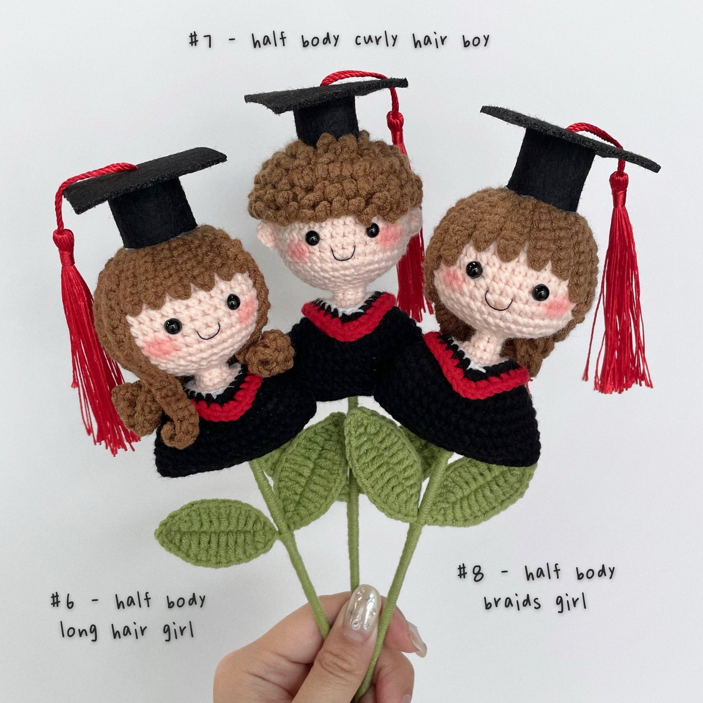 handicroft crochet graduate doll half body girl and boy grads