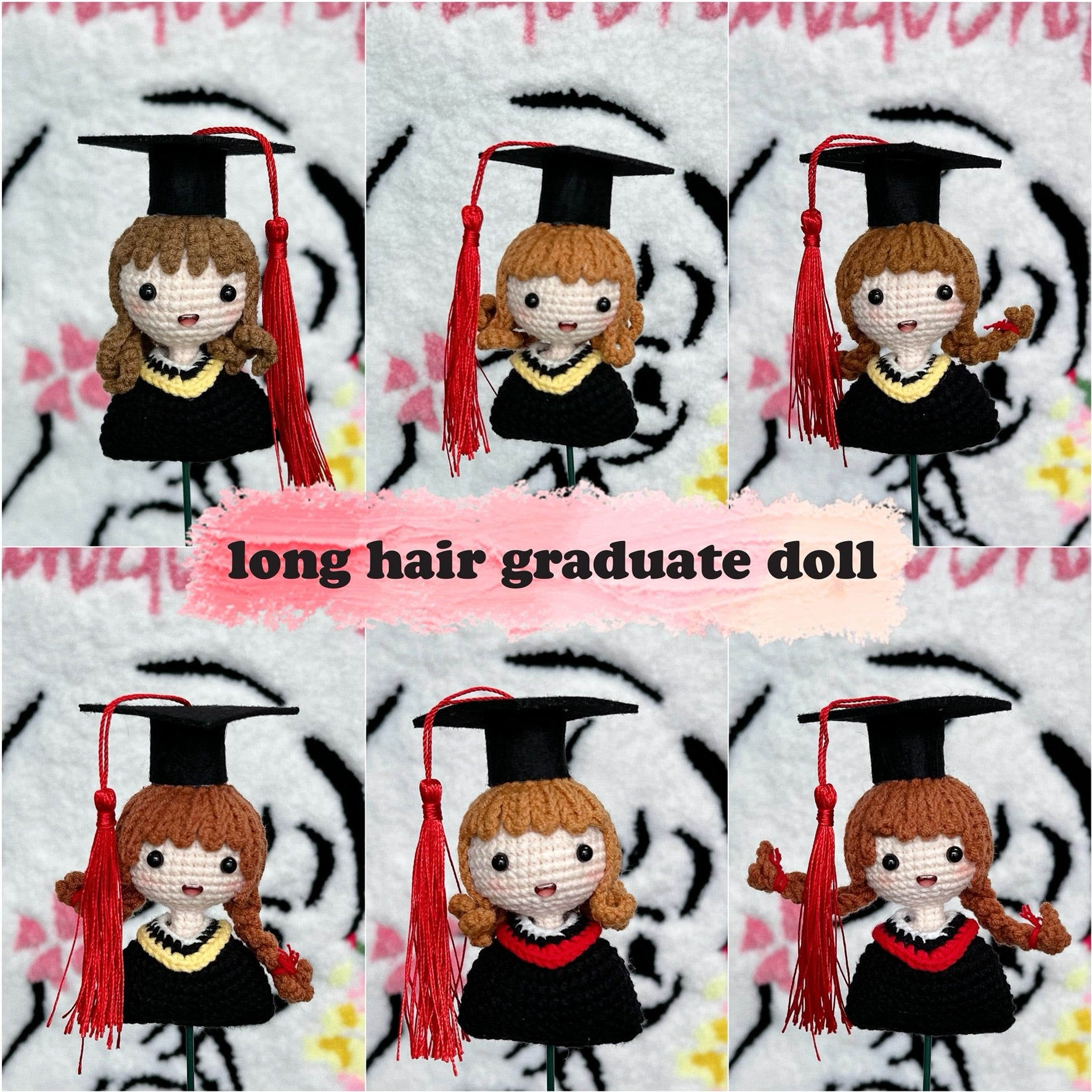 handicroft crochet graduate doll long hair girl single stalk in 6 variations