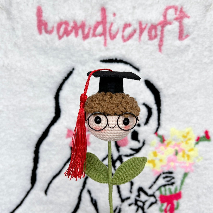 handicroft crochet graduate doll long hair girl single stalk in 6 variations black specs