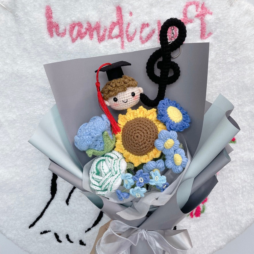 handicroft crochet graduation flower bouquet symphony of success boy graduate in blue grey
