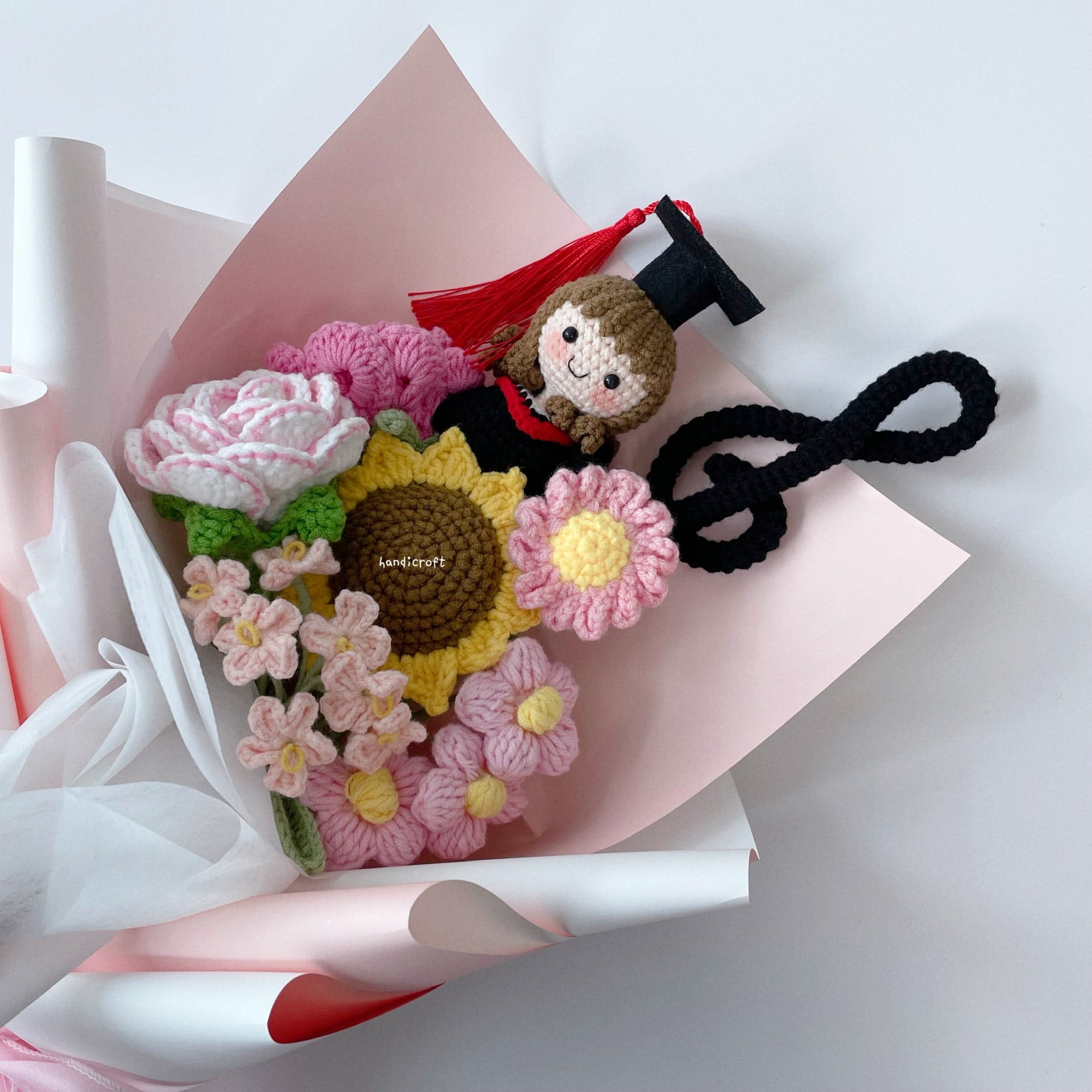 handicroft crochet graduation flower bouquet symphony of success long hair girl graduate in pink