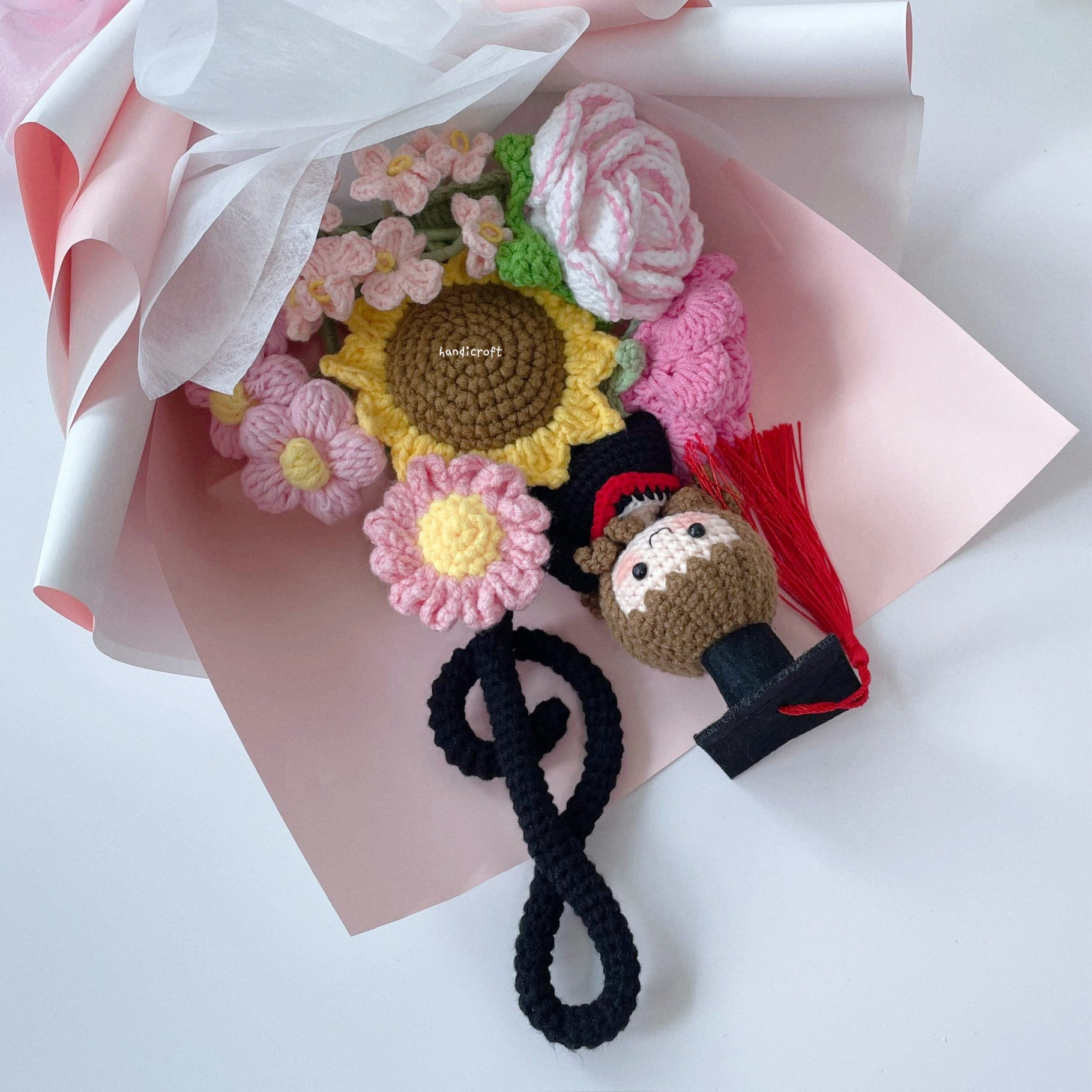 handicroft crochet graduation flower bouquet symphony of success long hair girl graduate in pink