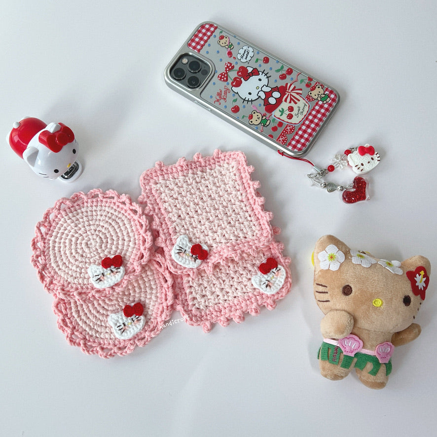 handicroft crochet sanrio pink hello kitty coasters in round and square