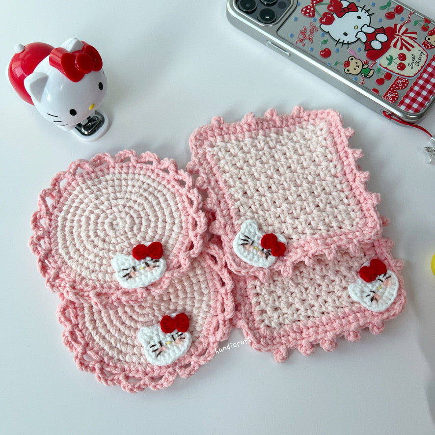 handicroft crochet sanrio pink hello kitty coasters in round and square