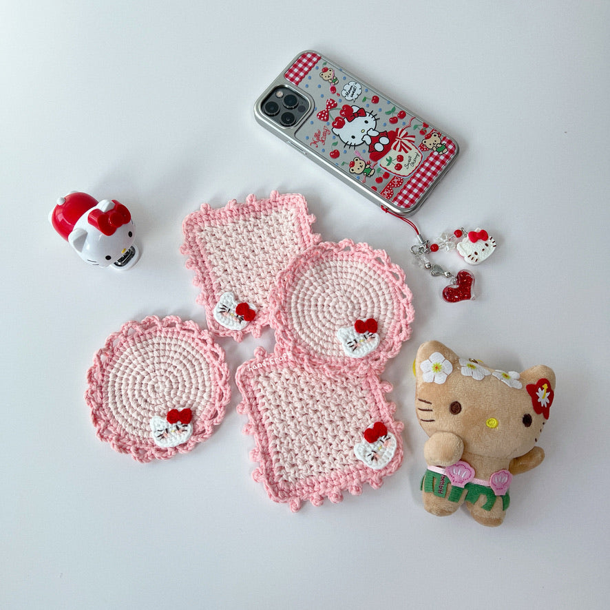 handicroft crochet sanrio pink hello kitty coasters in round and square