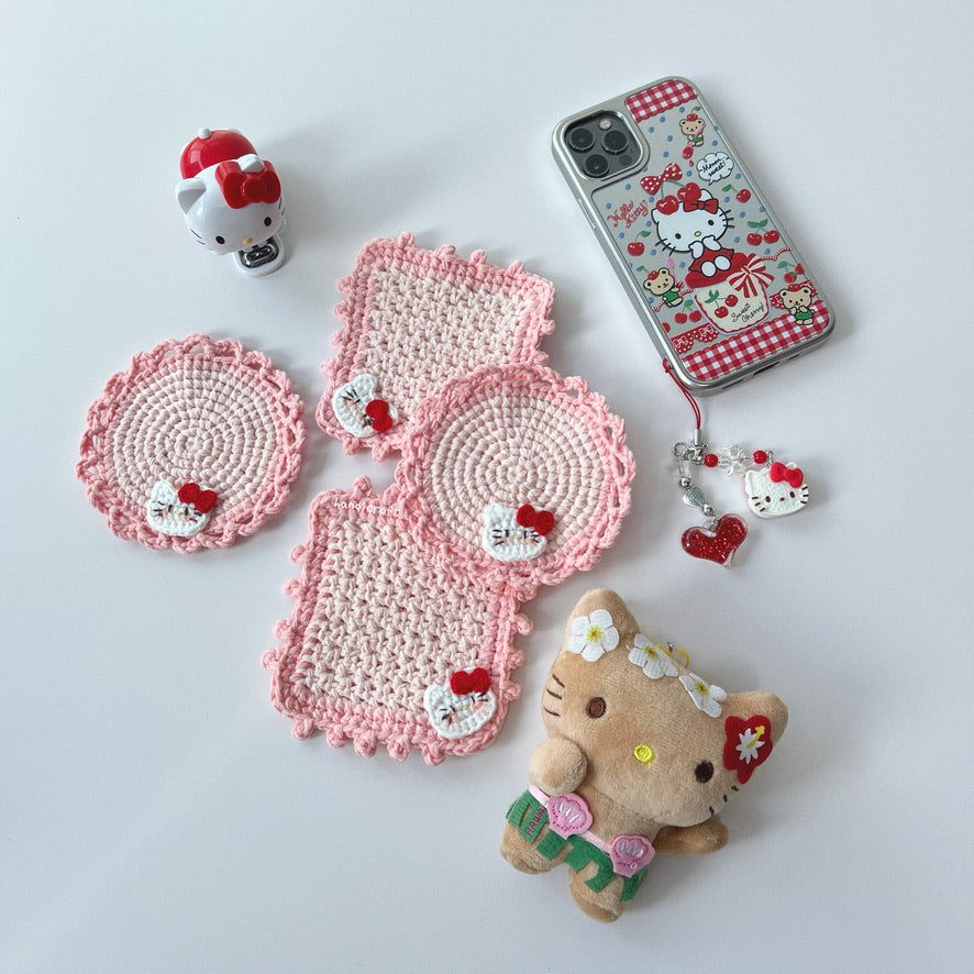 handicroft crochet sanrio pink hello kitty coasters in round and square
