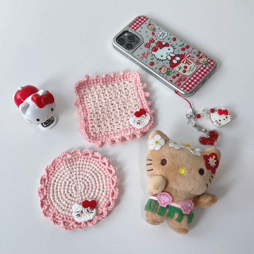 handicroft crochet sanrio pink hello kitty coasters in round and square